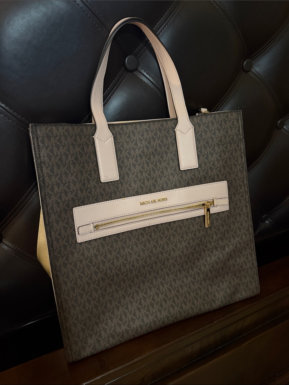 Michael Kors Brown Signature Tote with Light Pink Trim